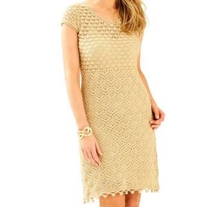 Lily Pulitzer Women Crocheted Dress Baby Sleeve Fisherman Open Knit Metallic S